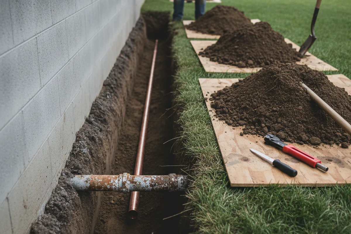 Excavated water line trench during Water Softener Installation in Misenheimer